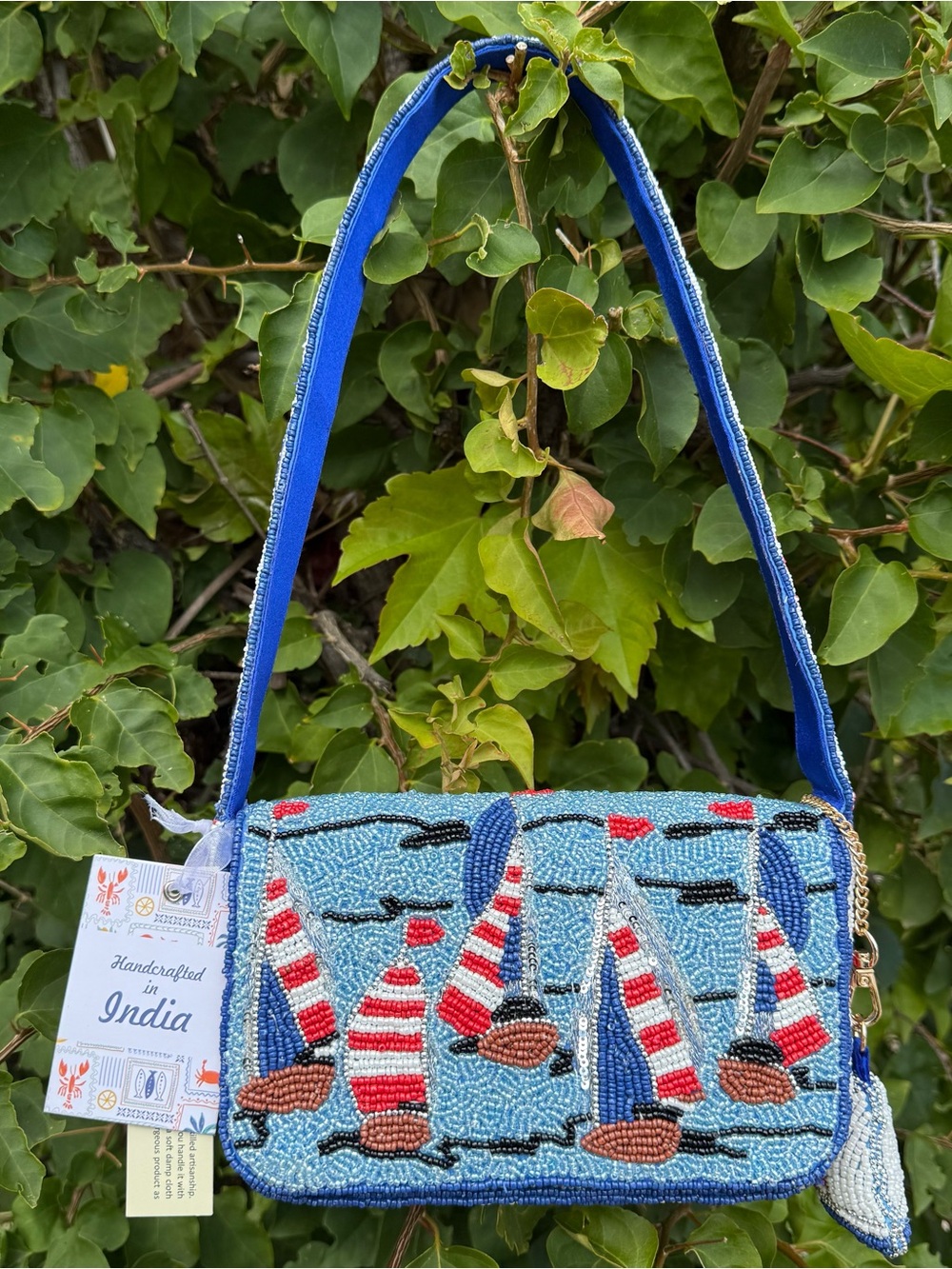 NWT Made in India Sailboat Boats Red White Blue Ocean Beaded Shoulder Bag